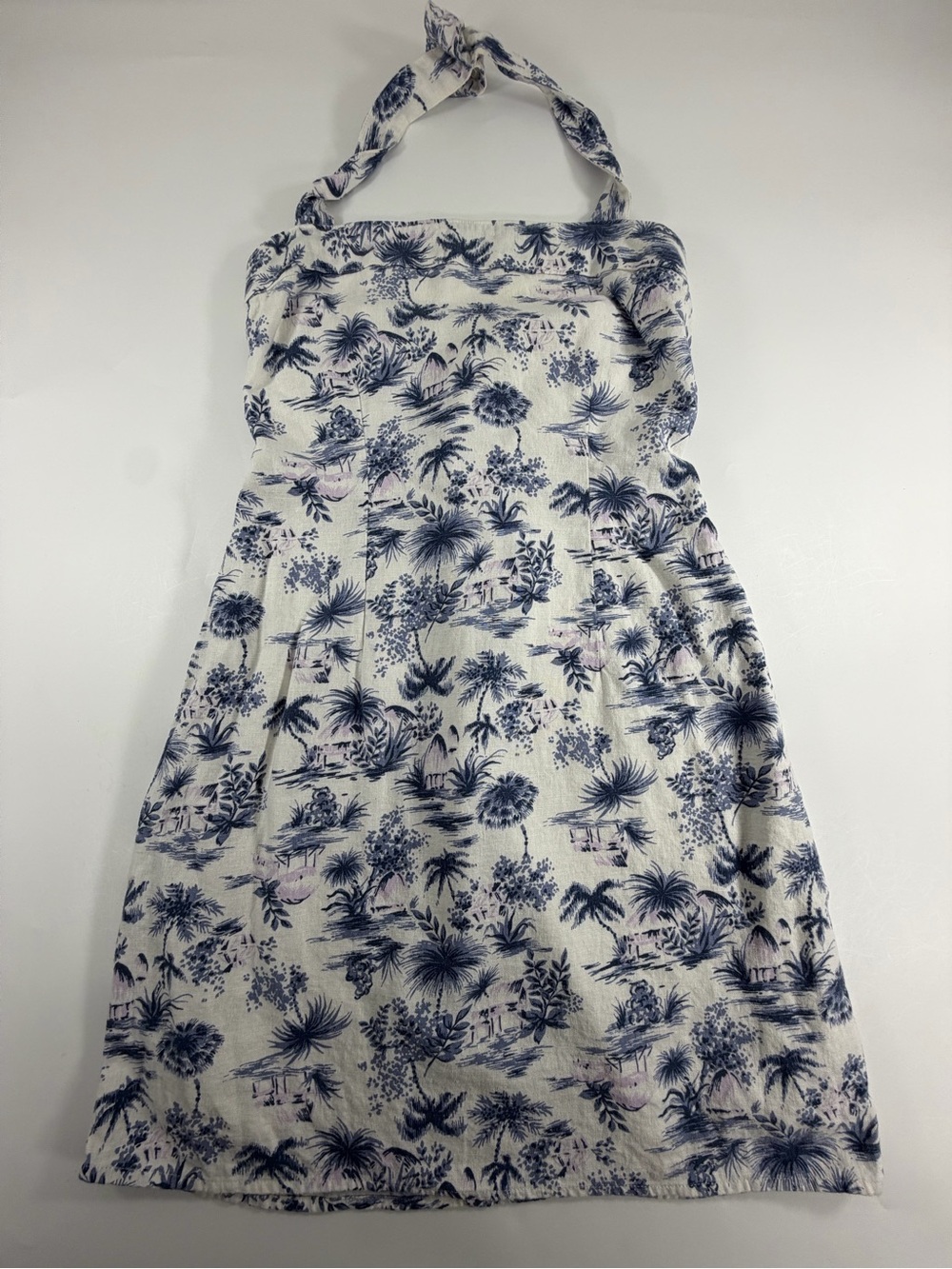 Coastal Linen Blend Halter Mini Dress Tropical Toile Print Blue Ivory Womens M